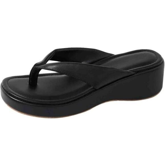 Womens platform flip flops summer faux leather strappy open toe sandals shoes - Picture 2 of 8